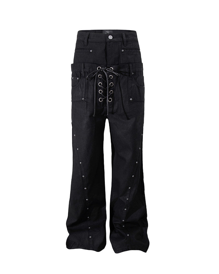 WAXED LACE-UP WIDE LEG JEANS