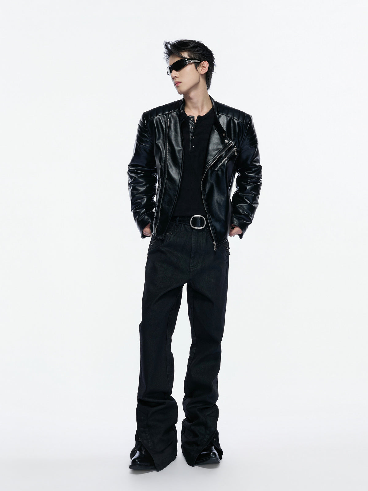 NVRSAINT cropped black asymmetric faux-leather biker jacket, additional product photograph 3 | OFFCULTURE®