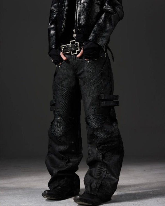 WAXED DESTROYED BIKER JEANS