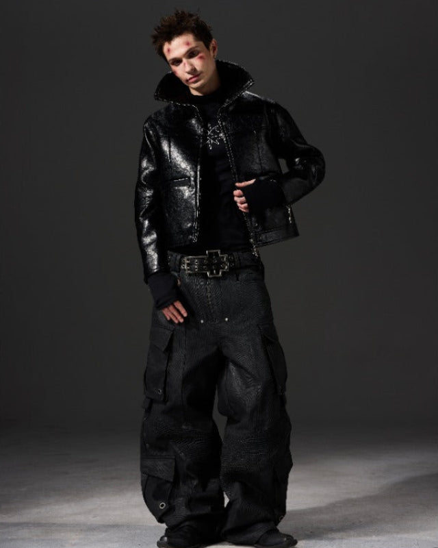 WAXED MULTI-POCKET BIKER CARGO JEANS
