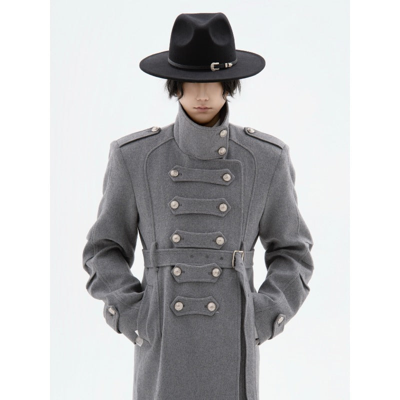 COLD BLOOD grey structured long wool-blend coat with military detailing, additional product photograph 5 | OFFCULTURE®