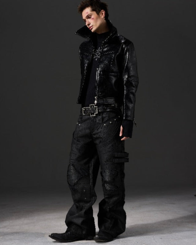 WAXED DESTROYED BIKER JEANS