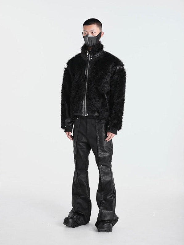 OFF/SC SHAGGY FUR LEATHER PATCHWORK HIGH WAIST COAT