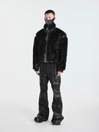 OFF/SC SHAGGY FUR LEATHER PATCHWORK HIGH WAIST COAT