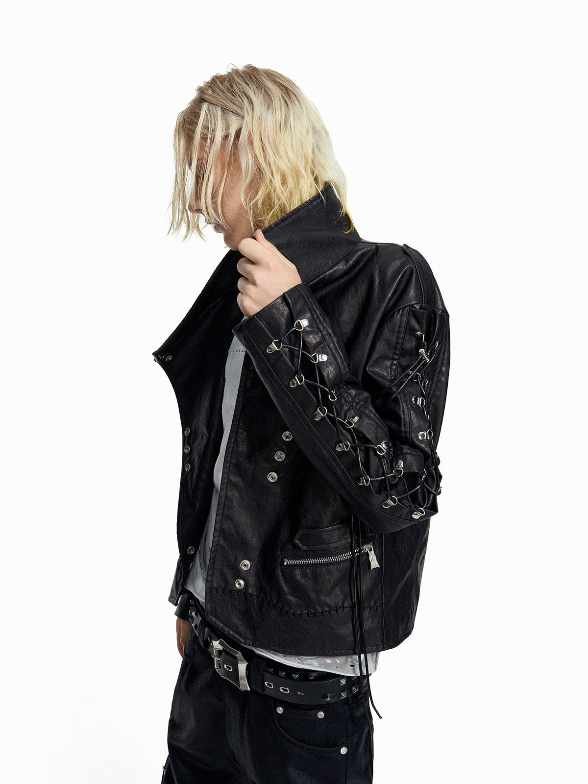 SLOW DAMAGE asymmetric coated biker jacket