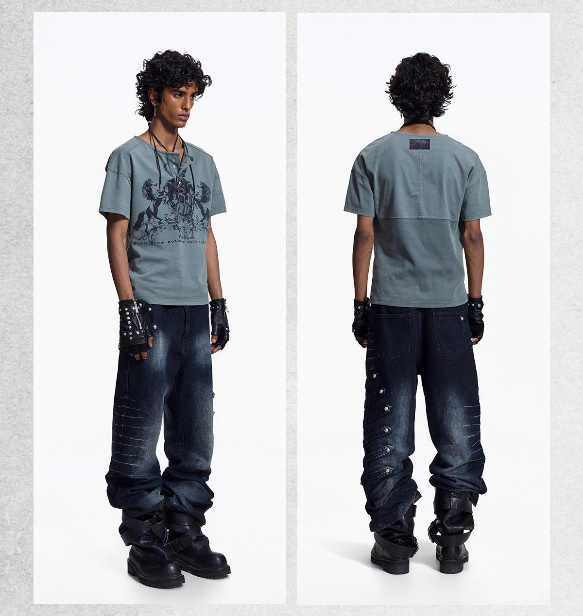NVRTOUCH washed-black denim jeans with buttoned sides and wide flared legs, additional product photograph 10 | OFFCULTURE®