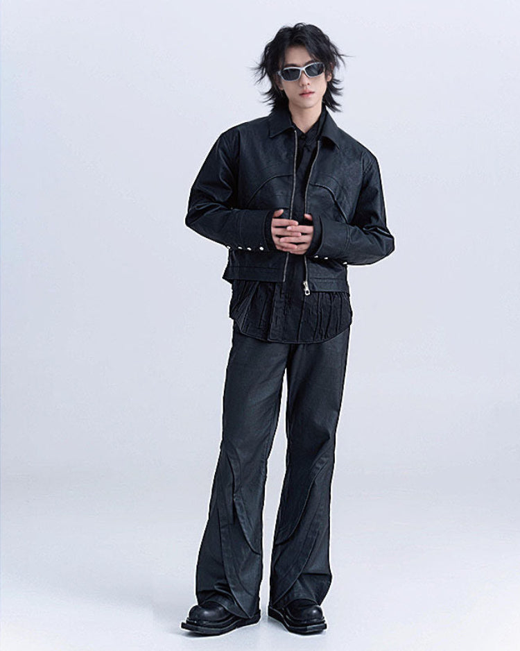 WAXED DARK FLARE TROUSERS