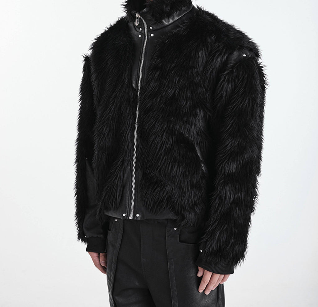 OFF/SC SHAGGY FUR LEATHER PATCHWORK HIGH WAIST COAT
