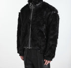OFF/SC SHAGGY FUR LEATHER PATCHWORK HIGH WAIST COAT