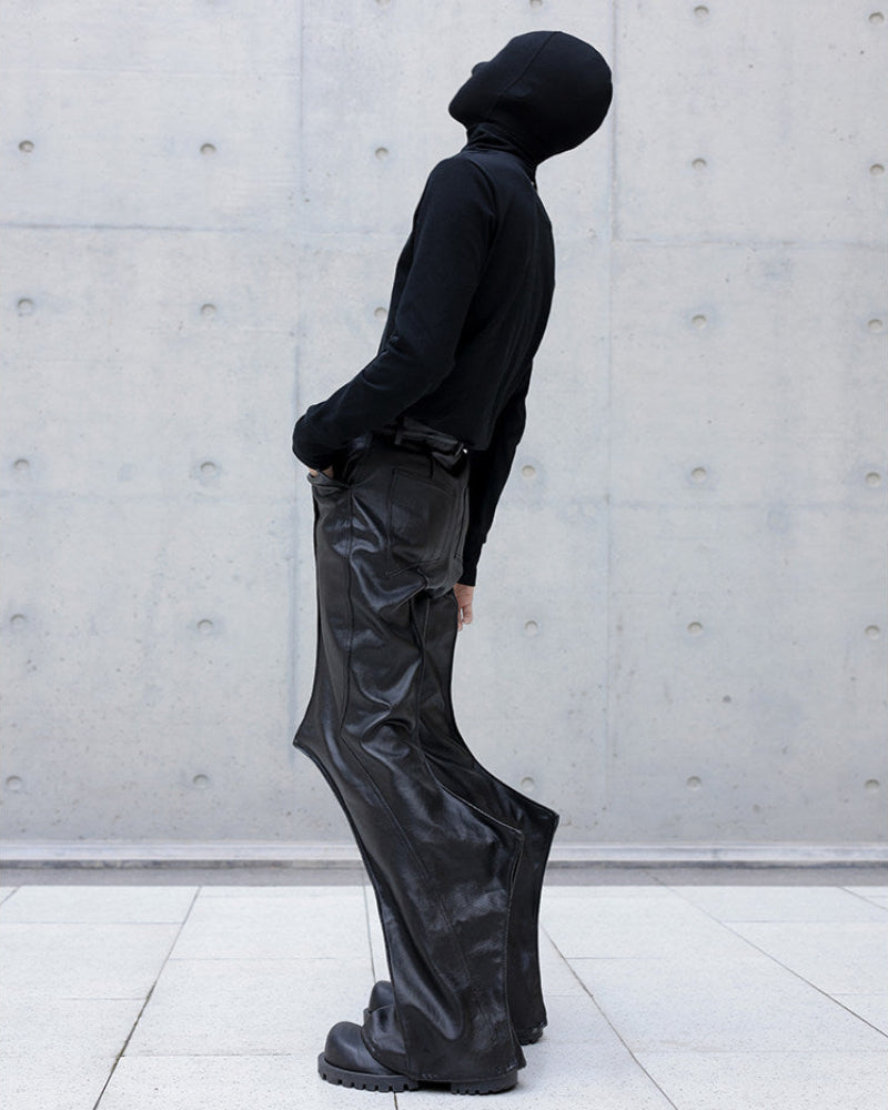 BLACK WAXED FLARE LEATHER PANTS