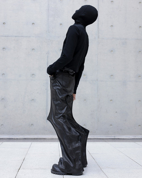BLACK WAXED FLARE LEATHER PANTS