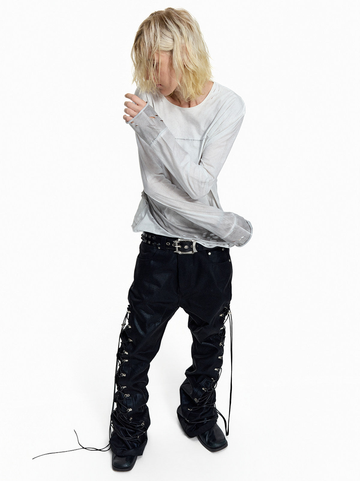 NVRSETTLE coated lace-up flared denim pants