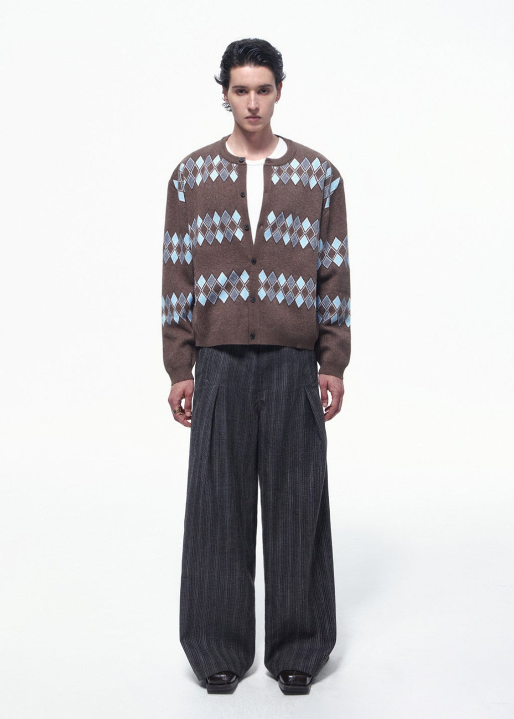 SCRIPT-X ARGYLE ZIP WOOL CARDIGAN