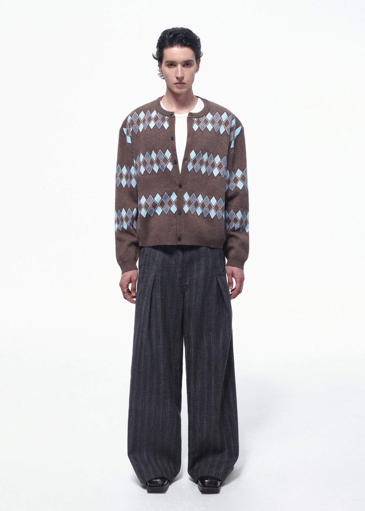 SCRIPT-X ARGYLE ZIP WOOL CARDIGAN