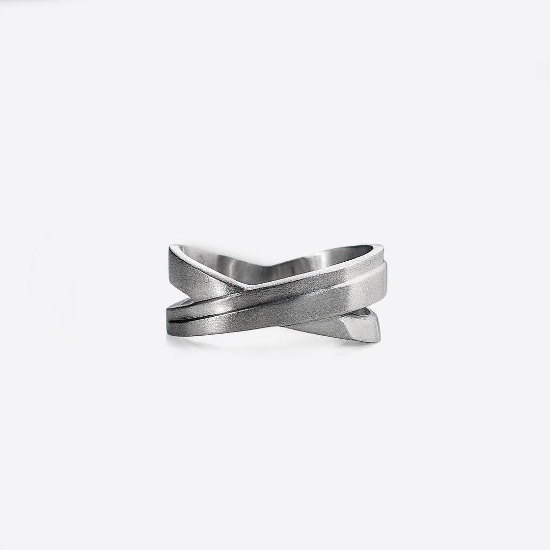 X Stainless Steel Ring with crossing tapering lines and precision edge detailing for men