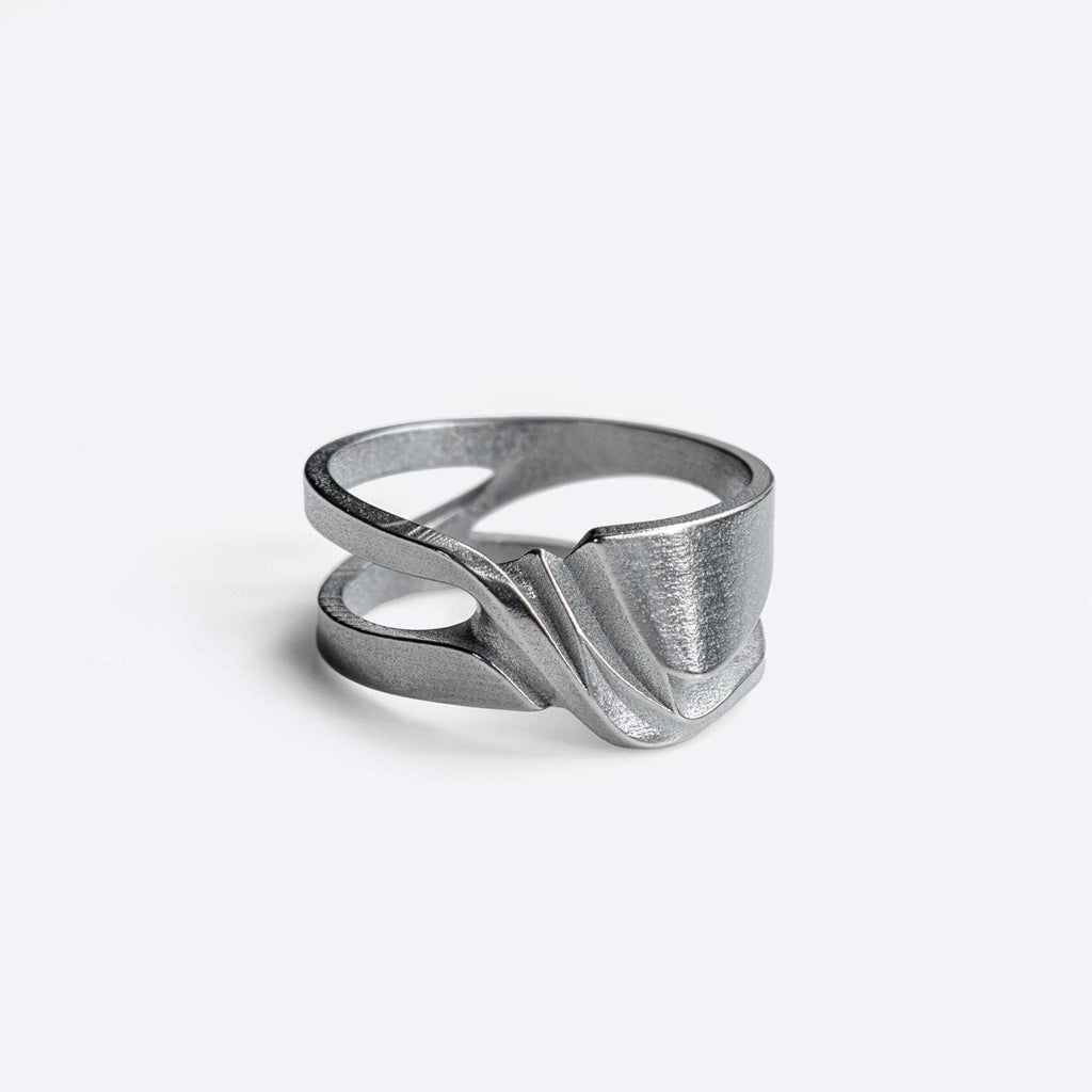 Velum Stainless Steel Ring with drapery-inspired open back design in brushed finish
