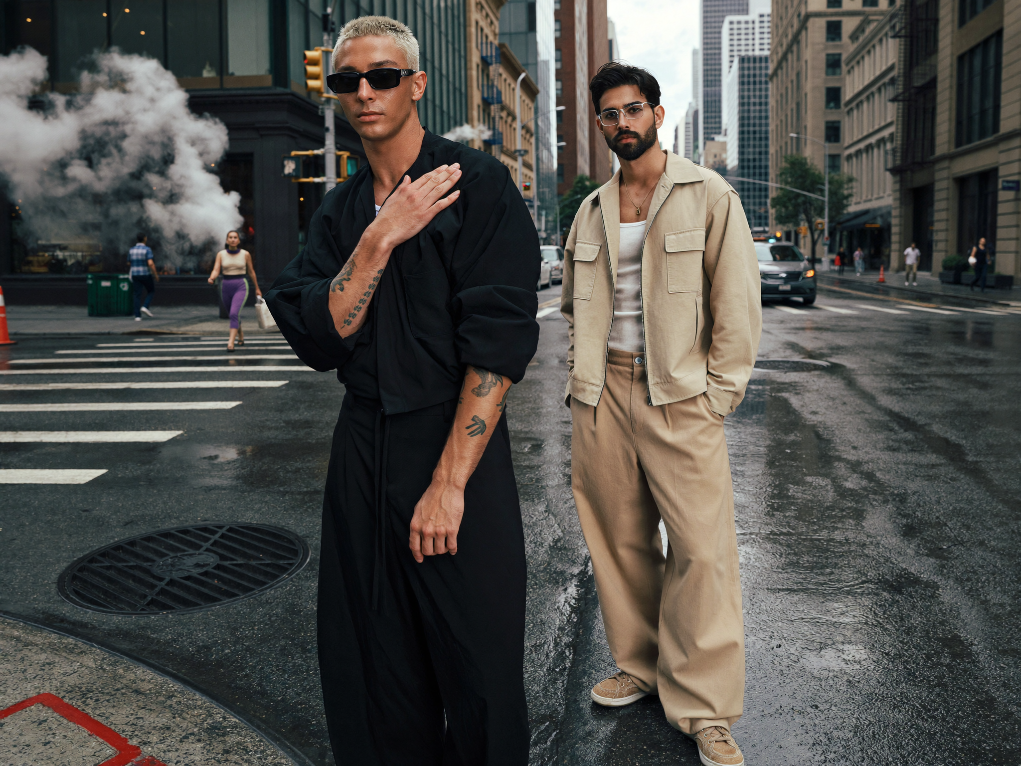 Two men standing on a city street, one in black and the other in beige, with urban buildings and traffic lights in the background.