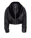 OFF/SC FUR COLLAR CROPPED LEATHER PUFFER JACKET