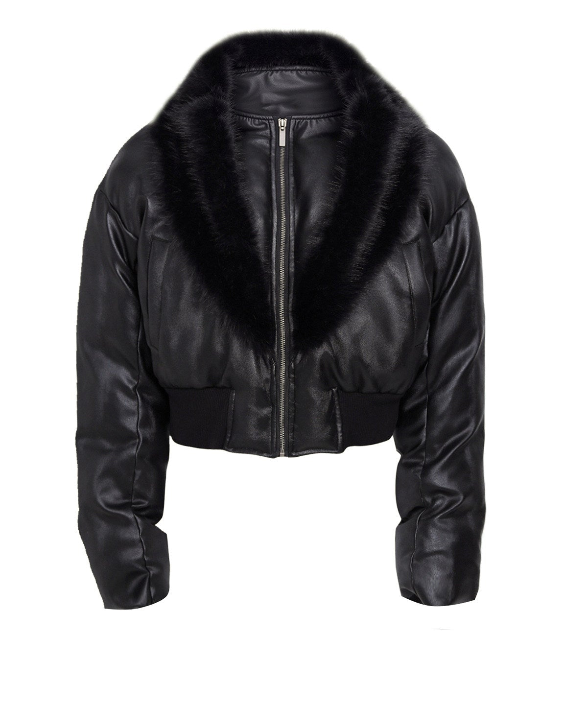 OFF/SC FUR COLLAR CROPPED LEATHER PUFFER JACKET