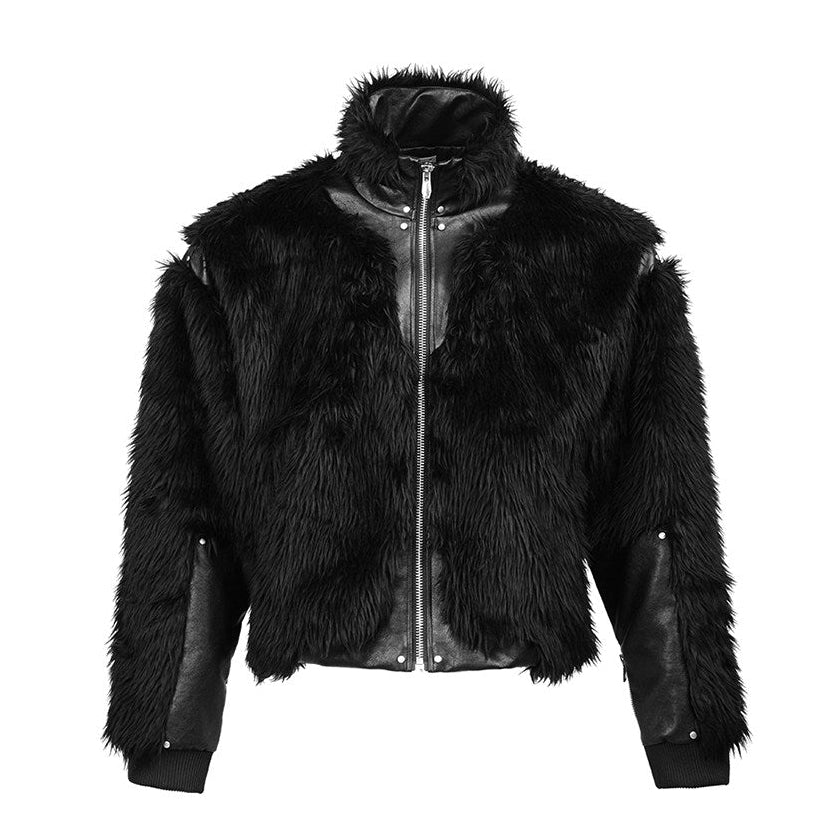 Black Shaggy Faux Fur Patchwork Biker Coat | OFFCULTURE