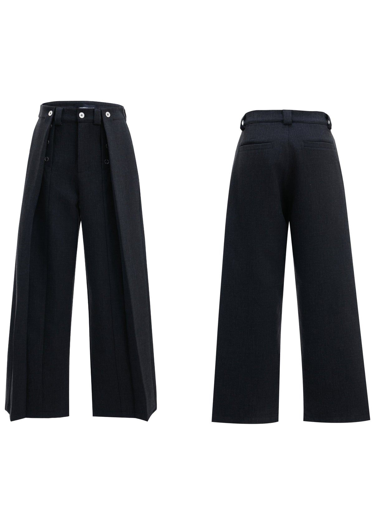 ALTEREGO black draped straight-leg trousers with pleated deconstructed panels, additional product photograph 5 | OFFCULTURE®