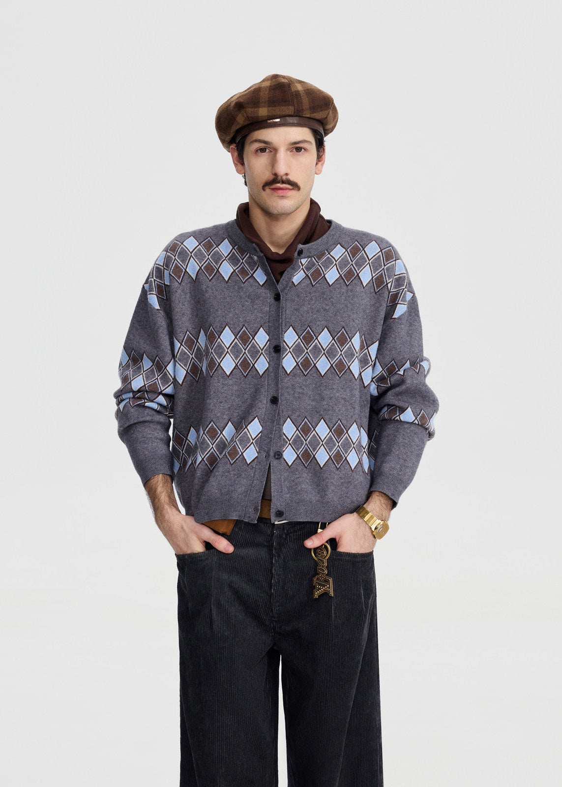 SCRIPT-X ARGYLE ZIP WOOL CARDIGAN
