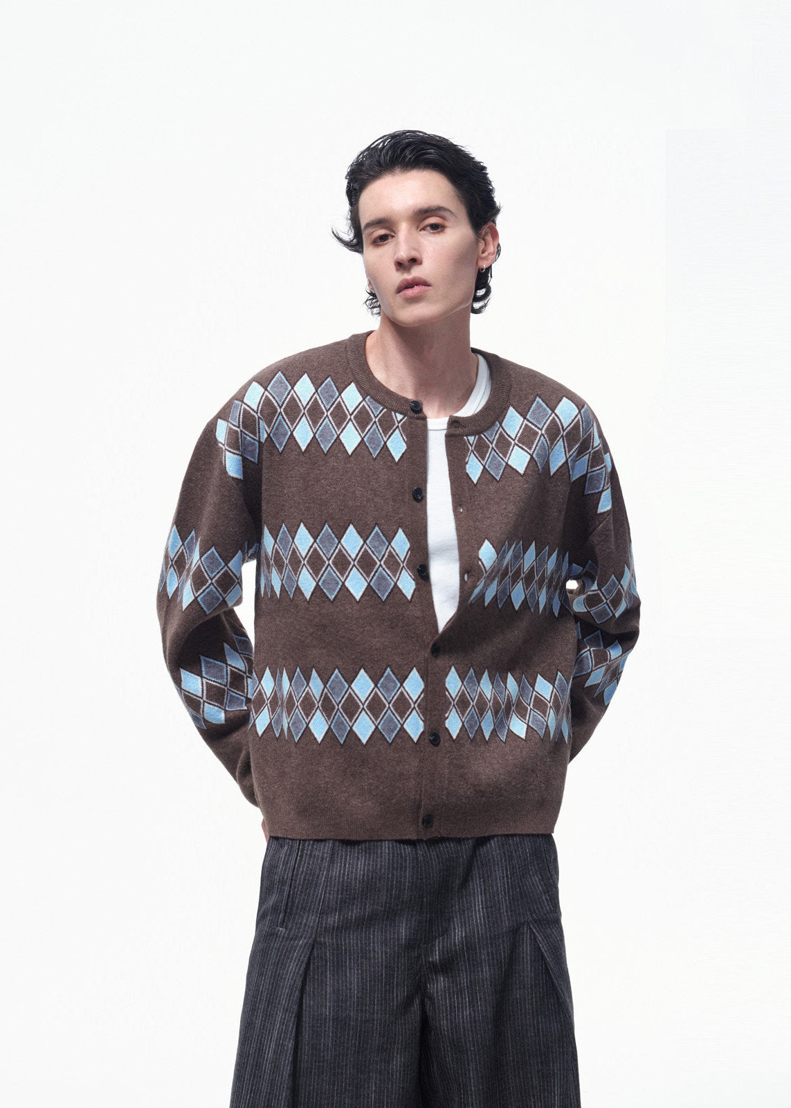 SCRIPT-X ARGYLE ZIP WOOL CARDIGAN