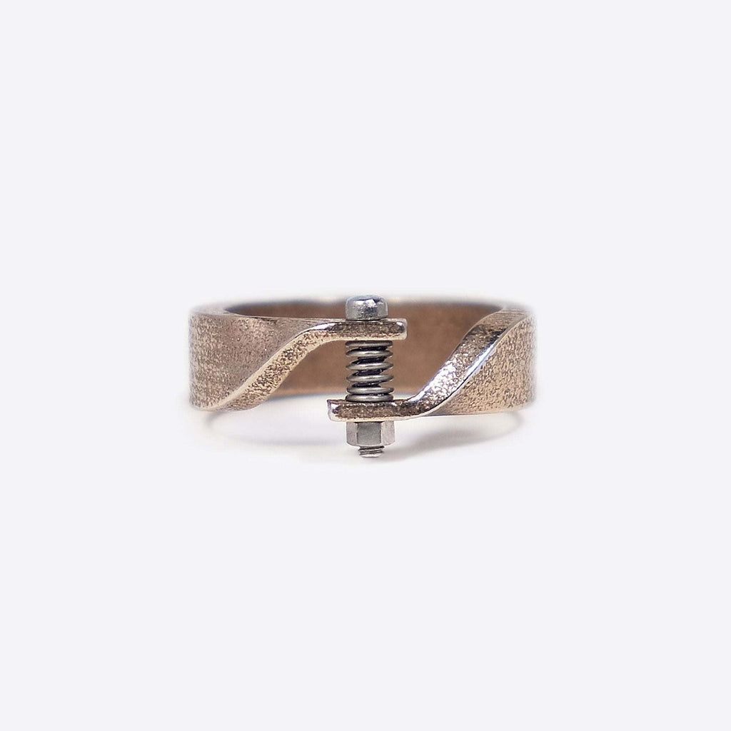 Machina X men's adjustable stainless steel and bronze ring with industrial screw design